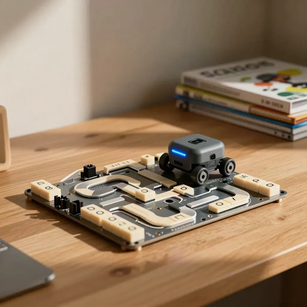 Masa üzerinde mini rover ve mikrodenetleyici labirent seti, mavi ışıklı, sıcak gün ışığında.