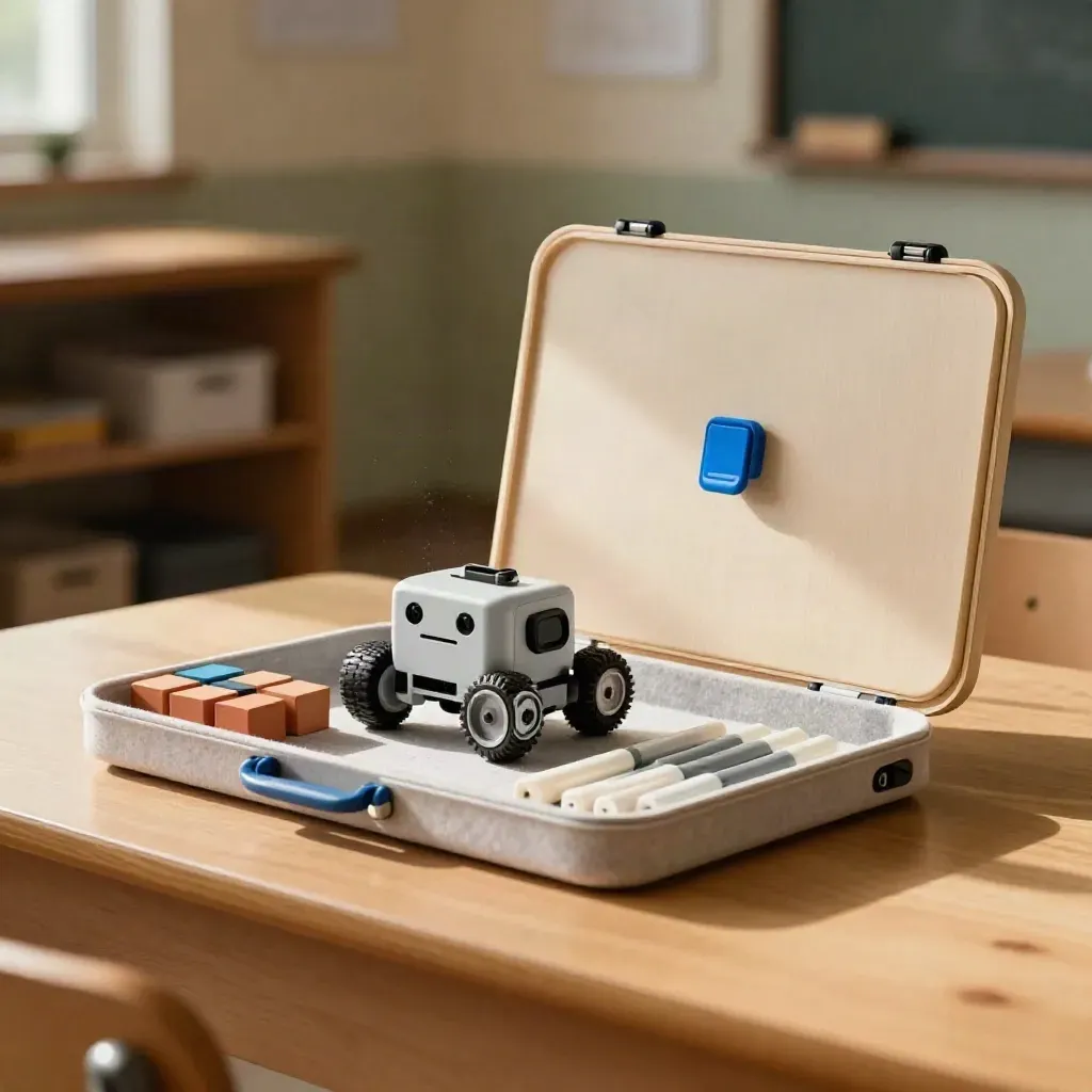 Öğretmen eğitimi kiti, blok kodlama küpleri ve demo robotla hazır halde.