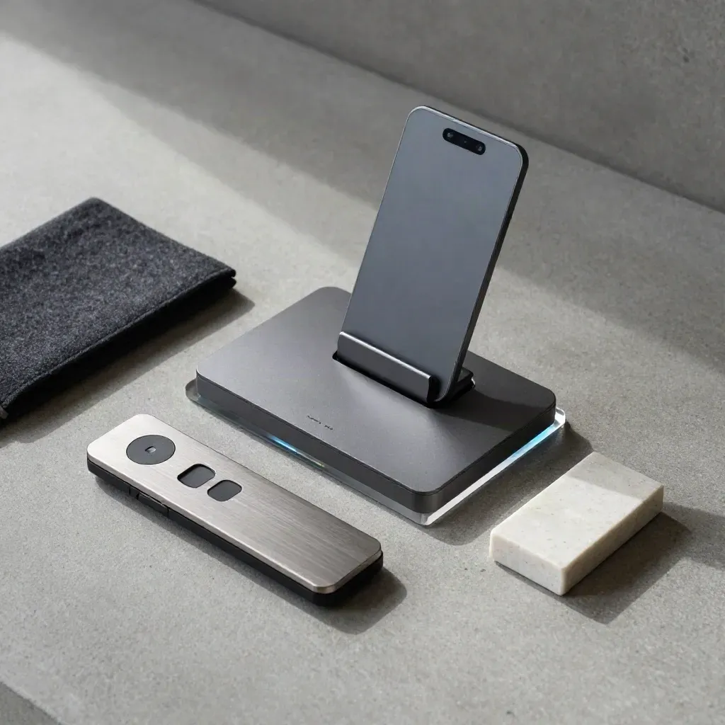 Üstten çekilmiş proje paylaşım kiti: dock, USB, kumanda ve proje rozeti.